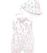 This adorable sleeveless shortall features multicolor animal prints allover and ruffle trim at the collar, sleeve and hem. She'll be extra cozy with the matching cap, which is trimmed with polka dot ruffles.