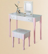 From the Bouquet Collection. A delightful addition to your little girl's room, this hand-painted vanity table and stool will inspire hours of imaginative play.Fold-down mirror with compartments Two drawers Vanity: 34½W X 25½H X 15D Stool: 15W X 12H X 14¼D Constructed of MDF Imported Recommended for ages 3 and up Please note: Some assembly may be required. 