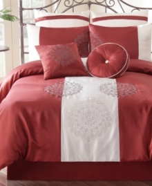 In the red. An expansive ground of red and white sets the tone in this simple Kimora comforter set, accented with intricate embroidery and applique details for a touch of charm. In the red. An expansive ground of red and white sets the tone in this simple Kimora comforter set, accented with intricate embroidery and applique details for a touch of charm.