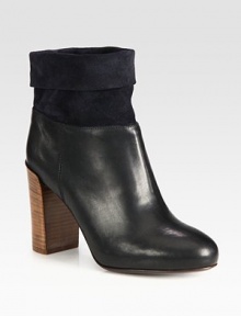 Fine leather, suede and a powerful stacked heel combine in this fold-over silhouette for an edgy-cool vibe. Stacked heel, 3¾ (95mm)Leather and suede upperPull-on styleLeather lining and solePadded insoleMade in Italy