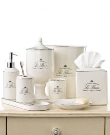 Parisian-inspired elegance transforms the bathroom with this Le Bain tumbler from Kassatex, featuring beautiful white porcelain embellished with French words for a classic and refined look. Parisian-inspired elegance transforms the bathroom with this Le Bain tumbler from Kassatex, featuring beautiful white porcelain embellished with French words for a classic and refined look.