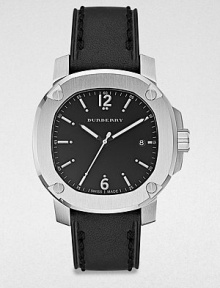A classic timepiece with a brushed, stainless steel case and a luxurious, stitched leather strap. Quartz movementWater resistant to 5 ATMOctagonal stainless steel case, 43mm (1.7) Screw accented bezelBlack dialBar and numeric hour markersDate display at 3 o'clockSecond hand Black stitched leather strapMade in Switzerland A classic timepiece with a brushed, stainless steel case and a luxurious, stitched leather strap. Quartz movementWater resistant to 5 ATMOctagonal stainless steel case, 43mm (1.7) Screw accented bezelBlack dialBar and numeric hour markersDate display at 3 o'clockSecond hand Black stitched leather strapMade in Switzerland