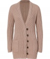 Cozy and exquisitely chic, Brunello Cucinellis ribbed cashmere cardigan guarantees a luxurious finish to casual daytime looks - Layered V-neckline, long sleeves, hooked button closures, patch pockets, back vent - Long, lean silhouette - Wear with fitted tops and slim-fit trousers