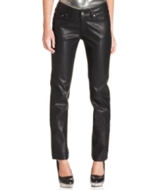 Toughen-up your ensemble with these five-pocket, faux-leather skinny pants from Jou Jou! Toughen-up your ensemble with these five-pocket, faux-leather skinny pants from Jou Jou!