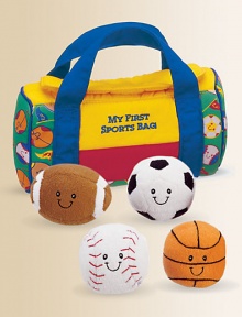 Your little all star in training will be ready to play with this cute set which includes a crinkly baseball, a basketball that rattles, a soccer ball that boings and a football that squeaks, packed neatly in a sporty, soft bag.3.4H X 7.9L X 4.1DPolyesterSurface washRecommended for ages 0 and upImported