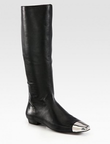 Tall silhouette of butter-soft leather, finished with a square metal cap toe for modern appeal. Shaft, 15¾Leg circumference, 14Leather upper with metal cap toePull-on styleLeather lining and solePadded insoleImportedOUR FIT MODEL RECOMMENDS ordering one half size up as this style runs small. 