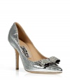 Inject luxurious style into your look with these ultra elegant pumps from Salvatore Ferragamo - Pointed toe, stiletto heel, front logo with rhinestone-embellished bow detail, made with metallic python - Pair with a figure-hugging cocktail dress, a slim trench, and a statement clutch