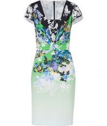 Work an eye-catching, contemporary print into your sleek tailored dress collection with Etros floral fade sheath - Squared-off neckline, cap sleeves, hidden back zip, kick pleat - Form-fitting - Wear with jet black accessories