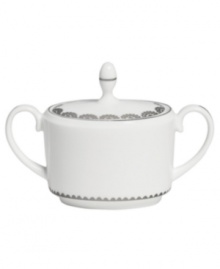 Vera Wang marries modern shapes with traditional lace in this set of dinnerware. The dishes are decidedly timeless. Platinum trim and banding add delicate feminine touches to this white bone china sugar. With double handles and an embellished lid. Vera Wang marries modern shapes with traditional lace in this set of dinnerware. The dishes are decidedly timeless. Platinum trim and banding add delicate feminine touches to this white bone china sugar. With double handles and an embellished lid.