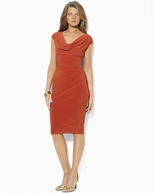 A dashing cowl neckline and a slinky ruched waist form the flattering, feminine silhouette of this dress, rendered in exquisitely smooth stretch matte jersey. A dashing cowl neckline and a slinky ruched waist form the flattering, feminine silhouette of this dress, rendered in exquisitely smooth stretch matte jersey.