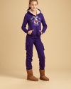 A pretty basic with an ultra-cozy sherpa-lined hood and a wintry crosstitch-style screened design on the front.Attached hood with plush sherpa liningFront zipLong sleeves with ribbed cuffsSplit kangaroo pocketsRibbed hem60% cotton/40% polyesterMachine washImported