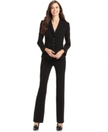 Subtle pinstripes add a menswear-inspired touch to Tahari by ASL's feminine-cut pantsuit. Buckle details help define the waist, too. Subtle pinstripes add a menswear-inspired touch to Tahari by ASL's feminine-cut pantsuit. Buckle details help define the waist, too.