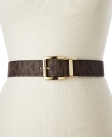 Inspired by the sophistication of classic luggage, this wide logo belt by MICHAEL Michael Kors features gleaming hardware. Inspired by the sophistication of classic luggage, this wide logo belt by MICHAEL Michael Kors features gleaming hardware.