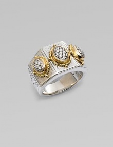 Brilliant diamonds and radiant 18k gold in three oval motifs on a beautifully etched sterling silver base. Sterling silver18k goldDiamonds, .21 tcwWidth, about ½Imported Brilliant diamonds and radiant 18k gold in three oval motifs on a beautifully etched sterling silver base. Sterling silver18k goldDiamonds, .21 tcwWidth, about ½Imported