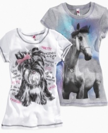 Stay sweet. Whether she likes puppies or ponies, she can dress up her cute, casual looks with one of these glitter graphic tees from Beautees. Stay sweet. Whether she likes puppies or ponies, she can dress up her cute, casual looks with one of these glitter graphic tees from Beautees.