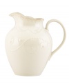 With fanciful beading and a feminine edge, this pitcher from the Lenox French Perle white dinnerware collection has an irresistibly old-fashioned sensibility. Hard-wearing stoneware is dishwasher safe and, in a soft white hue with antiqued trim, a graceful addition to everyday dining. Qualifies for Rebate