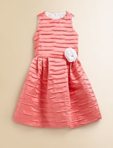 She'll be the belle of the ball in this vivid, pleated frock with rosette detail and plenty of charm.JewelneckSleevelessBack zipperPleated, full skirtPolyesterDry cleanMade in the USA She'll be the belle of the ball in this vivid, pleated frock with rosette detail and plenty of charm.JewelneckSleevelessBack zipperPleated, full skirtPolyesterDry cleanMade in the USA