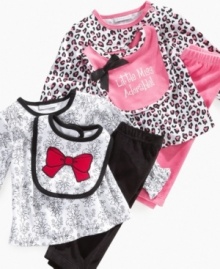 Charming 3 piece patterned top, graphic bib, and solid pant set by First Impressions. Charming 3 piece patterned top, graphic bib, and solid pant set by First Impressions.
