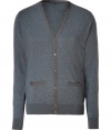 Stylish cardigan in fine, charcoal cotton and silk blend - Super-soft, densely woven fabric feels great against the skin - Elegant, deep v-neck and two small pockets at hip - Contrast trim button placket extends from chest to hem - Modern silhouette is straight and slim - A polished, versatile basic in any wardrobe - Dress up with a button down, ankle-cropped trousers and leather lace-ups, or go for a more casual look with a t-shirt, jeans and trainers