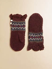 Sweet mittens knit in a warm blend of cotton and merino wool yarns are accented with a pretty Fair Isle pattern and ruffled cuffs.Two button side closure85% cotton/15% merino woolHand washImported Sweet mittens knit in a warm blend of cotton and merino wool yarns are accented with a pretty Fair Isle pattern and ruffled cuffs.Two button side closure85% cotton/15% merino woolHand washImported