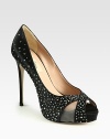 Glittery Swarovski crystals decorate this satin peep toe pump, with semi-sheer mesh inserts and a hidden platform. Self-covered heel, 4¾ (120mm)Hidden platform, 1 (25mm)Compares to a 3¾ heel (95mm)Swarovski-encrusted satin upper with mesh insertsPeep toeLeather lining and solePadded insoleMade in Italy