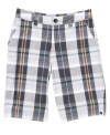 Step it up. He'll pick up the pace in these comfortable yet stylish plaid walking shorts from Quiksilver.