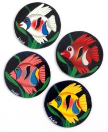 Drink in the incomparable beauty of Haitian handicrafts with these hand-painted drink coasters, named for the island's sea god. Painted in spirited hues by master artisans, each vibrant circle is packed with a little slice of tropical paradise.