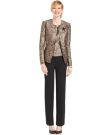 Metallic brocade lets you shine this holiday season. Kasper's unique pantsuit features a removable jeweled brooch for a little extra sparkle. Metallic brocade lets you shine this holiday season. Kasper's unique pantsuit features a removable jeweled brooch for a little extra sparkle.