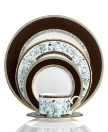 Extraordinarily detailed yet amazingly dishwasher safe, the Palatial Garden place settings from Marchesa by Lenox combine teal blossoms, intricate gold vines and velvety brown accents in gold-banded bone china for unparalleled elegance. Extraordinarily detailed yet amazingly dishwasher safe, the Palatial Garden place settings from Marchesa by Lenox combine teal blossoms, intricate gold vines and velvety brown accents in gold-banded bone china for unparalleled elegance.