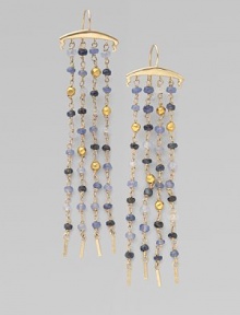 A four-strand fringe design dangles tiny beads of multi-hued sapphires and 18k gold from a polished 14k gold bar.Sapphire 14k and 18k yellow gold Length, about 3 Ear wire Imported A four-strand fringe design dangles tiny beads of multi-hued sapphires and 18k gold from a polished 14k gold bar.Sapphire 14k and 18k yellow gold Length, about 3 Ear wire Imported