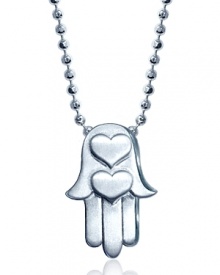 A shining silver heart-stamped Hamsa hand pendant necklace from Alex Woo. A shining silver heart-stamped Hamsa hand pendant necklace from Alex Woo.
