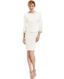 Special occasions call for uniquely elegant apparel. Tahari by ASL's luminous skirt suit features pearl trim for a polished, elegant look. Special occasions call for uniquely elegant apparel. Tahari by ASL's luminous skirt suit features pearl trim for a polished, elegant look.