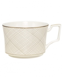 Dressed in a fine diamond grid of bronze and warm taupe, these cups are from Noritake dinnerware. The dishes are tailored for formal dining and everyday elegance. A hooked handle creates a unique silhouette to enhance more classic bone china essentials. Dressed in a fine diamond grid of bronze and warm taupe, these cups are from Noritake dinnerware. The dishes are tailored for formal dining and everyday elegance. A hooked handle creates a unique silhouette to enhance more classic bone china essentials.