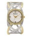 Lock in a unique look with this open work bangle watch by Style&co. Two tone mixed metal open work bangle bracelet and round case. Bezel embellished with crystal accents. Mother-of-pearl dial features gold tone numerals at twelve, three, six and nine o'clock, three hands and logo. Quartz movement. Two-year limited warranty.