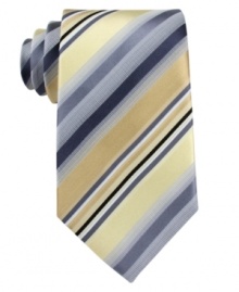 Go bold. A classic striped tie from Kenneth Cole Reaction is punctuated by a power color palette. Go bold. A classic striped tie from Kenneth Cole Reaction is punctuated by a power color palette.