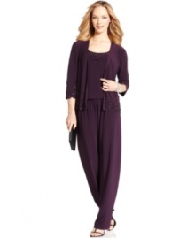 Look perfectly matched and effortlessly elegant at your next event in this three-piece dress suit from Alex Evenings. Look perfectly matched and effortlessly elegant at your next event in this three-piece dress suit from Alex Evenings.