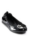 Patent leather upper, rubber sole. Black patent leather signature Tory Burch medallion. Elasticized back.