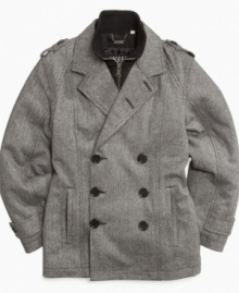 No more bulk. A modern style will streamline his look, in this layered peacoat from DKNY.