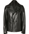 Finish your look on a slick note with Jil Sanders ultra luxe double-breasted black leather jacket - Notched lapel, long sleeves, double-breasted button closures, side slit pockets, classic straight cut - Pair with sleek knits and immaculately tailored trousers