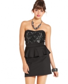 A peplum skirt outlines your best assets in this strapless dress from Trixxi! Lace and sequins add charm! A peplum skirt outlines your best assets in this strapless dress from Trixxi! Lace and sequins add charm!