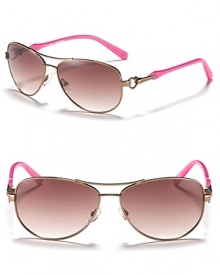 Juicy Couture's metal aviator sunglasses are meant to be seen. With a double bridge design and vibrantly colored arms.