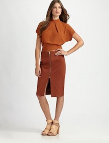 Crisp cotton and linen twill in a sleek pencil silhouette, updated with an exposed front zipper.High waistShaping dartsBack elastic panelAbout 21 from natural waist90% cotton/10% linen Dry cleanImportedModel shown is 5'9 (175cm) wearing US size 4. Crisp cotton and linen twill in a sleek pencil silhouette, updated with an exposed front zipper.High waistShaping dartsBack elastic panelAbout 21 from natural waist90% cotton/10% linen Dry cleanImportedModel shown is 5'9 (175cm) wearing US size 4.