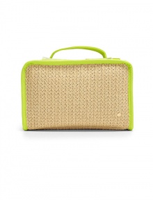 THE LOOKNatural raffia with bright neon leather trimRectangular block silhouetteZip-around closure with tassel pullSignature goldtone S studInside logo printSeparate clear pouch with removable mirrorOne inside zip compartmentSide elastic straps hold brushes and cosmetics in placeTHE MEASUREMENT10W X 6½H X 3DTHE MATERIALRaffiaLeather trimFully linedORIGINImported THE LOOKNatural raffia with bright neon leather trimRectangular block silhouetteZip-around closure with tassel pullSignature goldtone S studInside logo printSeparate clear pouch with removable mirrorOne inside zip compartmentSide elastic straps hold brushes and cosmetics in placeTHE MEASUREMENT10W X 6½H X 3DTHE MATERIALRaffiaLeather trimFully linedORIGINImported