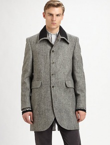 A distinguished wool top coat offering vintage style and modern details.Ribbed-knit detail along collarButton frontPatch pocketsBack ventAbout 35 from shoulder to hemWool; cotton liningMachine washImported A distinguished wool top coat offering vintage style and modern details.Ribbed-knit detail along collarButton frontPatch pocketsBack ventAbout 35 from shoulder to hemWool; cotton liningMachine washImported