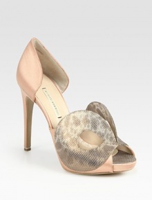 Timeless satin peep toe design enhanced by a masquerade-inspired bronzed snakeskin detail and covered platform. Self-covered heel, 4½ (115mm)Covered platform, ½ (15mm)Compares to a 4 heel (100mm)Satin and bronzed snakeskin upperLeather lining and solePadded insoleMade in ItalyOUR FIT MODEL RECOMMENDS ordering one half size up as this style runs small. 