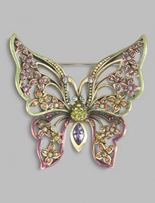 An absolutely stunning heirloom piece that flutters about the lapel or sweater, beautifully handcrafted in brass ox-plated pewter with Swarovski crystal embellishment. Swarovski crystals Brass ox-plated pewter 2½ X 2½ Pin backing Made in USA An absolutely stunning heirloom piece that flutters about the lapel or sweater, beautifully handcrafted in brass ox-plated pewter with Swarovski crystal embellishment. Swarovski crystals Brass ox-plated pewter 2½ X 2½ Pin backing Made in USA