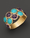 Turquoise and amethyst lend eye-catching color to this 18K yellow gold cocktail ring from the Jaipur Resort collection by Marco Bicego.