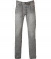 Cool jeans in light grey cotton - Straight leg Barracuda style  - From the American denim trend label Prps - Great vintage used workman look - Adjustable waist - Contrast stitching - Leather logo patch on waistband - Button closure - With a black cashmere pullover and Fiorentini & Baker motorcycle boots