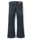 Put a strut in your little rocker's step. The Billy bootcut jean has deep blue rinse with minimal fading and army-green embroidery accents at the back pockets.