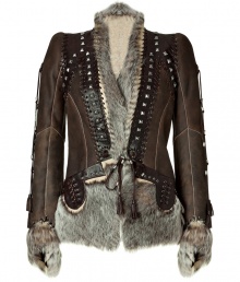 Add maximum style to any look with this luxe fur and leather bohemian-inspired jacket from Just Cavalli - Fur-detailed stand collar, V-neck with fur lining and stud detail, long sleeves with fur cuffs - Stitched leather trim, tie front closure, leather tassel details, fur hem, slim fit - Style with skinny jeans and statement platforms Add maximum style to any look with this luxe fur and leather bohemian-inspired jacket from Just Cavalli - Fur-detailed stand collar, V-neck with fur lining and stud detail, long sleeves with fur cuffs - Stitched leather trim, tie front closure, leather tassel details, fur hem, slim fit - Style with skinny jeans and statement platforms